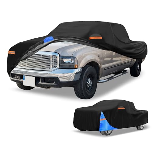 Image of Universal Car Cover Waterproof All Weather 190T Polyester, UV Sun Rain Protection, Fits for Truck Length 221 inch-228 inch, with Left Side Zipper, Black & Blue