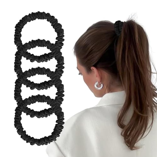 Mulberry Silk Scrunchies 4 Pack - Non Slip, Black Small Thin Silk...