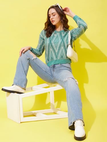 Image of Modeve Self Design Round Neck Casual Women Crop Top Sweater||Winterwear||