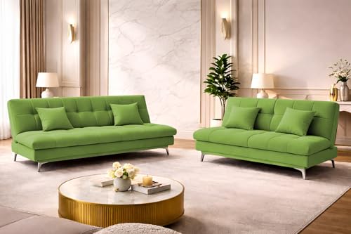 Image of Krancy Solid Wood 3 + 2 Seater Sofa Cum Bed with 2 Cushions | Convertible Wooden Couch for Living Room, Home & Office | Modern Designer Furniture | 3 Years Warranty | Light Green