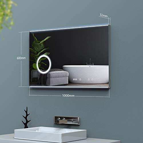 TECKNET Illuminated LED Bathroom Mirror Wall Mounted Mirror Light with Touch Switch Control, 3X Magnifying Mirror, 100 x 60cm