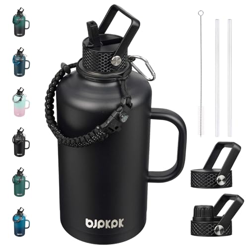 Image of BJPKPK 2 /3 Gallon Water Bottle Insulated with Straw Lid, 87oz Large, Stainless Steel Water Bottles with 3 Lids and Paracord Strap, Double Wall Vacuum Metal Water Jug,Black