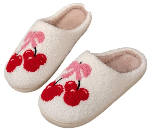 Cute Embroidered Cherry Slippers Women Men Winter Indoor House Shoes Bow Cozy Plush Cotton Thick Sole Warm Couple Slippers