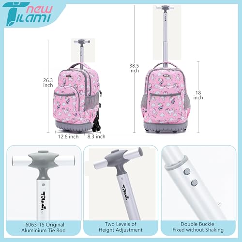 NEW TILAMI 18" Kids Rolling Backpack for School - Waterproof, Durable, Stair-Climbing, Variety of Colors Patterns for Girls & Boys, Cute Pink Unicorn2