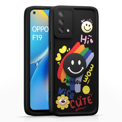 Image of Pikkme Back Cover for Oppo F19 / F19s | Soft Silicone| Cute Rainbow Smile & 3D Cartoon Flower Design | Shockproof Raised Camera Protection Bumper Case (Black)
