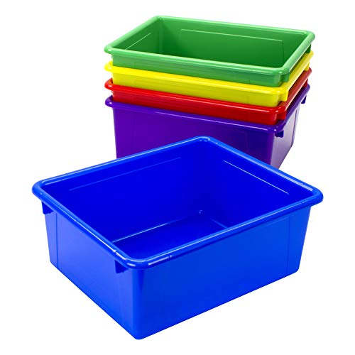 Image of Storex Letter Size Deep Storage Tray - Organizer Bin with Non-Snap Lid for Classroom, Office and Home, Assorted Colors, 5-Pack (62542A05C)