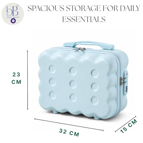 Image of BLUE BEADS Travel Makeup Case with Lock & Luggage Strap, ABS Hard Shell Cosmetic Vanity Case, Portable Makeup Organizer for Women, Beauty Storage Box for Makeup & Toiletries (Blue, Model 2)