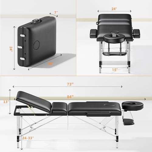Massage Table Portable 84" Long 24" Wide Professional 3 Sections Reclining Massage Couch, Aluminum Adjustable Esthetician Bed Tattoo Table SPA Lash Salon Bed with Carrying Bag (Black)