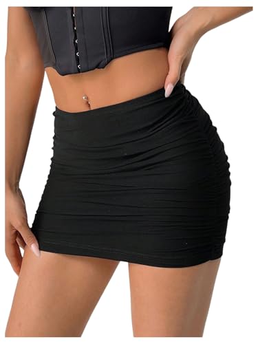 SOLY HUX Women's Y2k Ruched Mini Skirt Mesh Elastic Waist Bodycon Skirts Going Out Outfit