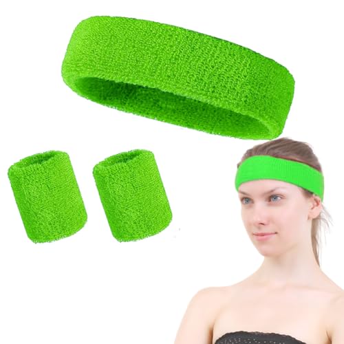 Fc'Noqgn Set de 3 Piezas de Cinta para la Cabeza y muñequera Verdes, Ropa de neón para Carreras y Actividades en Equipo, Cinta Deportiva de Colores, Cinta para la Cabeza de Fitness para Hombre