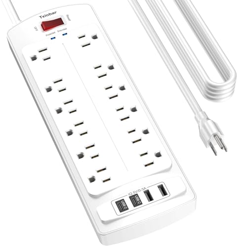Image of 20 Ft Extension Cord Power Strip, Teiobar Surge Protector with 12 AC Outlets and 4 USB Ports for Home, Office, Dorm Essentials, 2700 Joules, ETL Listed, White