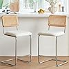 Natural Rattan Counter Height Stools Set of 2 with Solid Wood Back 24 Inch Mid Century Modern Cesca Bar Stools White Upholstery Boho Stools for Kitchen Counter with Chrome Metal Legs