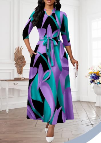 Image of BubFee Maxi Dresses for Women Semi Formal Long Dress 3 /4 Sleeve Casual A-line Church Dresses with Pockets