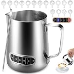Anpro Milk Frothing Pitcher, 600 ml/20 oz 304 Stainless Steel Milk Pitcher with Thermometer,Latte Decorating Art Pen and 16 Pcs Coffee Stencils,Metal Barista Accessories for Coffee,Latte & Cappuccino