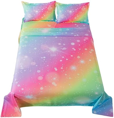 ADASMILE A & S Rainbow Fitted Sheet for Girls 4 Pieces Rainbow Sheets Full for Kids Tie Dye Pastel Glitter Rainbow Bed Sheet for Kids Teens Girls Rainbow Bedding for Girls Sheets with Sparkling Star
