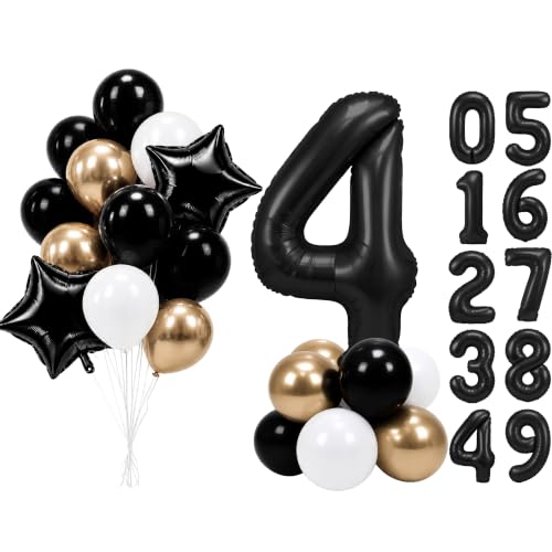 Image of PartyWoo Black Number 4 Balloon 40 Inch 25pcs Black Foil Star White Gold