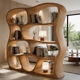 PREAUREUM Solid Wood Bookshelf, Organic Curved Freestanding Bookcase for Living Room Decor, Sculptural Display Shelf Room Divider, Multiple Sizes & Finishes