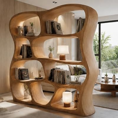 PREAUREUM Solid Wood Bookshelf, Organic Curved Freestanding Bookcase for Living Room Decor, Sculptural Display Shelf Room Divider, Multiple Sizes & Finishes