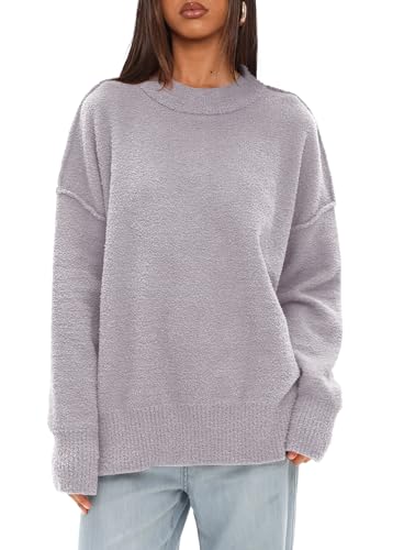 Image of Darong Women Oversized Fuzzy Knit Sweater Long Sleeve Crew Neck Side Slit Pullover Sweaters Fall Winter Tops
