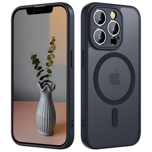 HGH Magnetisch Hülle für iPhone 13 Pro 6,1 Zoll mit Kameraschutz für Magsafe, Transluzente Matt Rückseite Dünn Stoßfest Handyhülle für iPhone 13 Pro, Schwarz