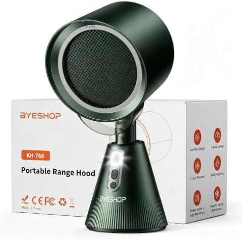 Portable Range Hood, Exhaust Fan with Telescoping Height & 40° Tilt Low Noise 52dB with LED Rang Light(Moss Black)