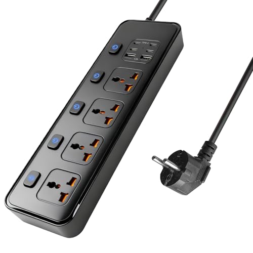 Multiprise Universelle avec Interrupteur, Adaptateur multiprise UE, 4 Prises, 4 Ports USB-C, 2 Ports USB, Interrupteur Individuel 3000 W, rallonge de 1,8 m,...