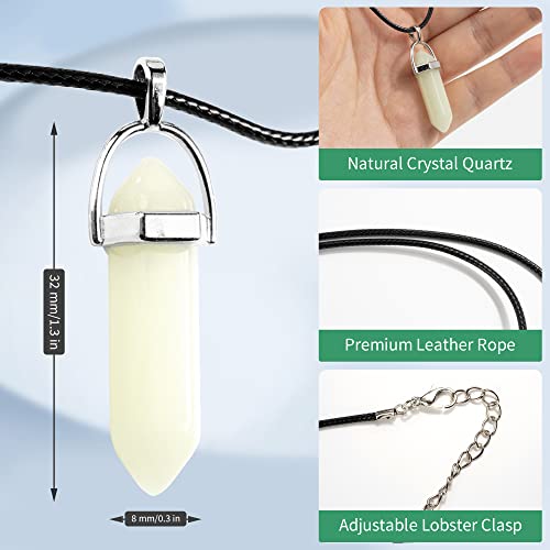 TXIN Glow in the Dark Crystal Pendant Necklace, Luminous Hexagonal Moonstone, Fluorescent Stone, Glowing Gemstone Quartz With Black Leather Chain for Women Men2