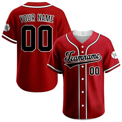Custom Baseball Jersey – Personalized Name, Number & Logo, Red and Black Button Down Jersey Shirt for Men, Women, Youth and Kids