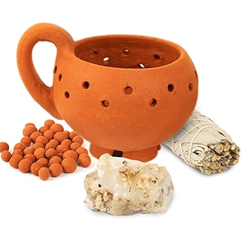 Mayan Copal Cup Incense Burner Copalera or Sahumerio Cup, Burning Charcoal with Rocks or Herbs. This kit Contains: A Copalera, Pure Copal 1.75 oz & a White Sage Bundle. Cover