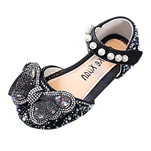 Girls White Dress Shoes Fashion Spring And Summer Girls Sandals Dress Performance Dance Shoes Mesh Rhinestone Bow Hook (Black-2, 8.5 Toddler)