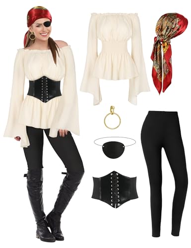 CICOCI Pirate Costume For Women With Accessories Renaissance Blouse Top Belt Headscarf Full Outfits Halloween Costume