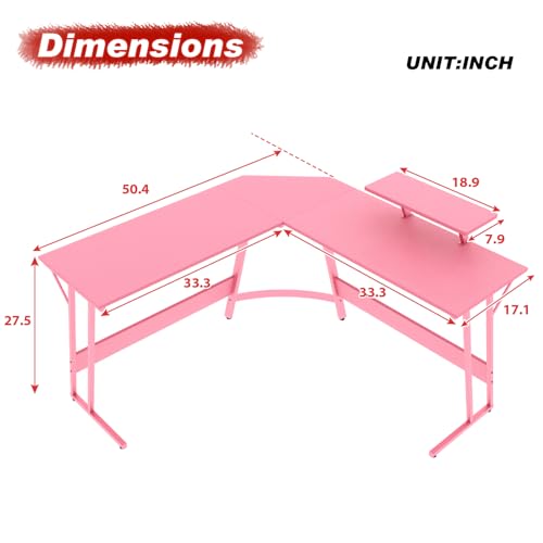 Image of PayLessHere L Shaped Gaming Desk Corner Desk Computer Desk with Large Desktop Studying and Working and Gaming for Home and Work Place,Pink
