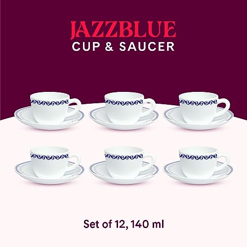 Image of Larah by BOROSIL Jazzblue Opalware Set - 6 x 140ml Cups and 6 Saucer (12 Pieces) | Microwave and Dishwasher Safe | Crockery Set Ideal for Tea, Coffee, and Casual Meals
