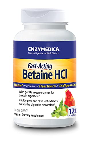 Enzymedica Betaine HCl for Men & Women - Betaine Hydrochloric Acid Supplement Protease Digestive Enzyme Blend Digestive Health Support Occasional Heartburn & Indigestion Support Vegan - 120 Caps