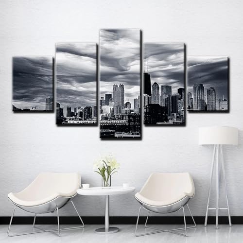 Deco murale salon 5 parties Chicago noir et blanc grand tableau
