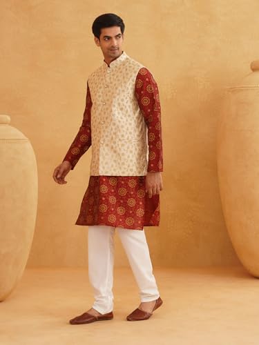 Image of SOJANYA (Since 1958 Men's Silk Blend Maroon Kurta & Off White Pyjama with Beige Nehru Jacket