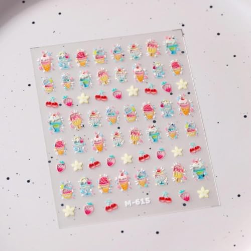 Image of Summer Nail Art Stickers Cherry Ice Cream Nail Decals for Nail Art Self Adhesive 5D Embossed Nails Sticker Charm Supply for Women Girls Kid Manicure DIY Accessories