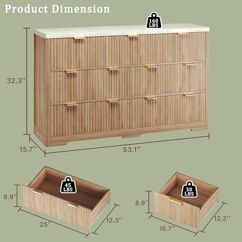Image of Fluted Dresser for Bedroom with 7 Drawers, 53 inch Wide Mid Century Modern Dressers with Faux Marble Top & Metal Handle, Wooden Chest of Drawers TV Stand, Natural Wood Closet Storage Organizer,Natural Oak
