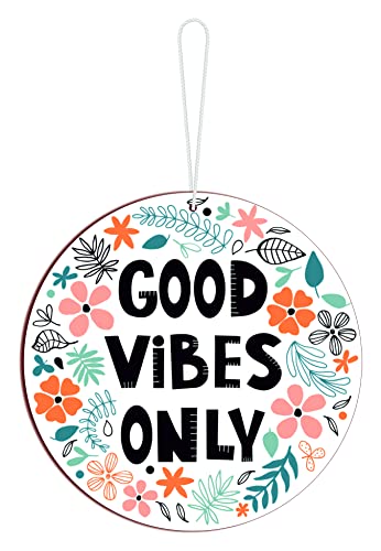 Image of Blue Finch door hanging good vibes only wooden round name plate for home decor (8x8 inch)