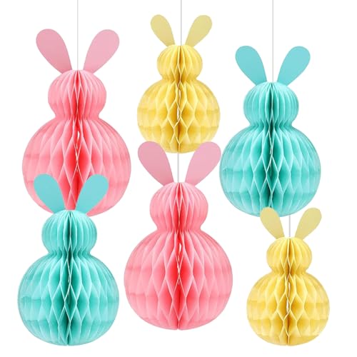 BAIYSFFG Easter Hanging Decorations,6 PCS Rabbit Honeycomb Ball Pendant Decoration Hanging Bunny Pendant Ornament Easter Party Favors