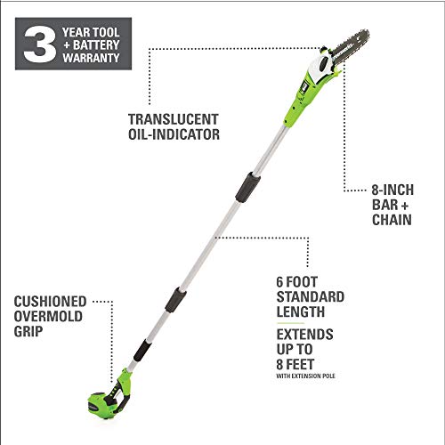 Greenworks 8.5' 40V Cordless Pole Saw, 2.0 AH Battery Included 20672
