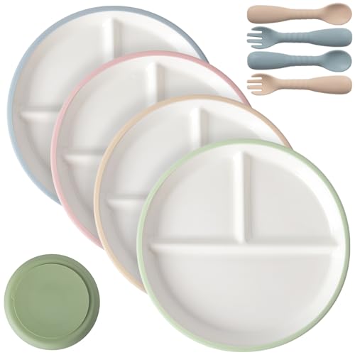DOWAN 7.8 Ceramic Toddler Suction Plates 4 x Divided Baby Plates with Silicone Sleeve Lead-Free Unspill for Self-Feeding Microwave & Dishwasher Safe Easy Release for Home/High Chair/On-the-Go