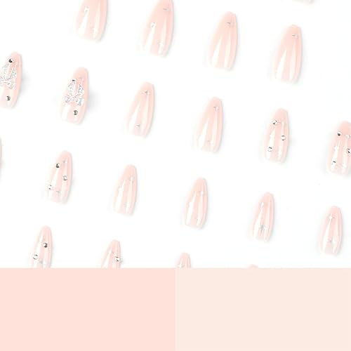 Miniatura 3 de Uñas postizas a presión de almendra media, uñas postizas de cobertura completa con diseños de mariposas 3D, diamantes de imitación brillantes, uñas