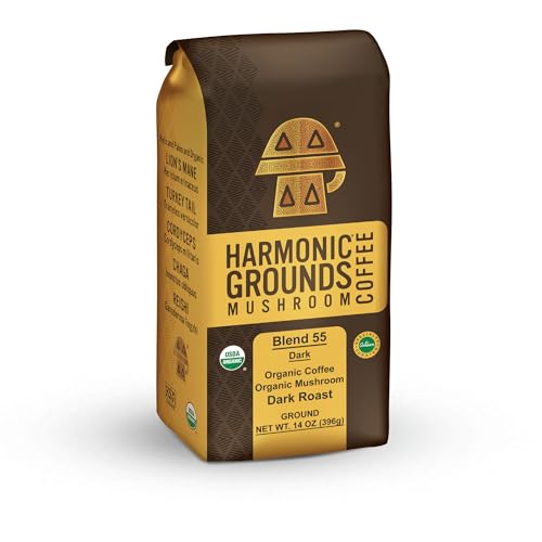 Harmonic Grounds Dark Roast Mushroom Coffee | Organic Ground Coffee with Functional Mushrooms | Lion’s Mane, Reishi, Chaga, Cordyceps, Turkey Tail | Fruiting Body Only | 14 oz Bag