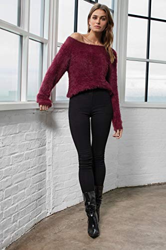 Elan Women's Scoop Neck Fuzzy Sweater (Medium, Maroon) #TOP1