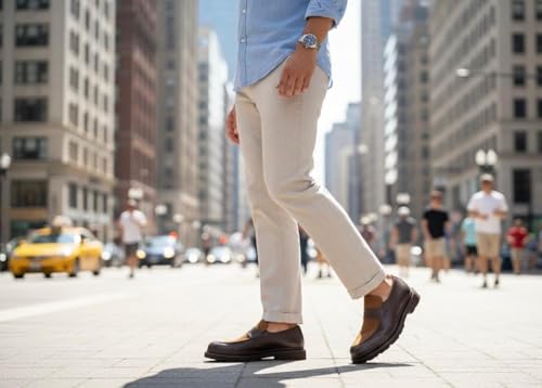Image of Men's Leather Penny Loafers with Lug Sole - Slip-On Casual Dress Shoes, Full-Grain Leather & Suede Upper, Comfortable Rubber Sole