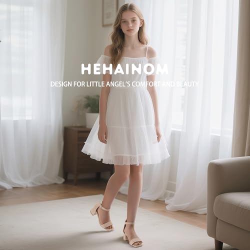 Image of Hehainom Girls Dress Shoes Heels Sandals Little Big Kids Square-Toe Ankle Strap Wedding Party Flower Girls Shoes