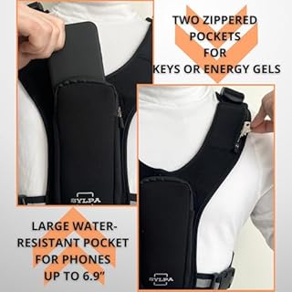 SYLPA® Running Vest Phone Holder, Adjustable Waistband and Shoulders Straps, Waterproof Phone Pouch, Large Back Mesh Pocket, Shoulder Key Pocket, Reflective Running Vest, Men & Women, Unisex
