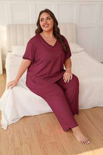 Image of Vozanet Women's Plus Size Pajama Sets Short Sleeve Long Pants Solid Color with Piping Trim Elegant Loungewear Cozy Sleepwear