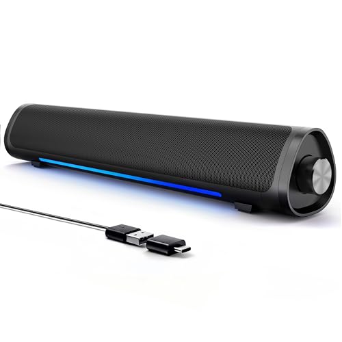 Enceintes d'Ordinateur de Bureau et Gaming, Barre de Son, Plug & Play - Un Port USB pour Audio et Alimentation avec Bluetooth, Éclairage RVB Dégradé,...